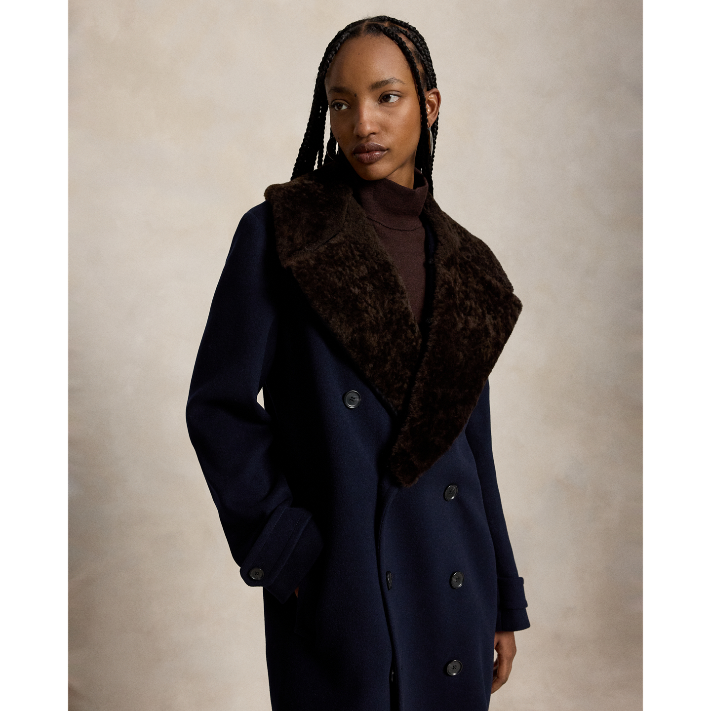 Женское пальто Ralph Lauren Shearling-Collar Wool Melton Peacoat, цвет: Чернильный — фото 1