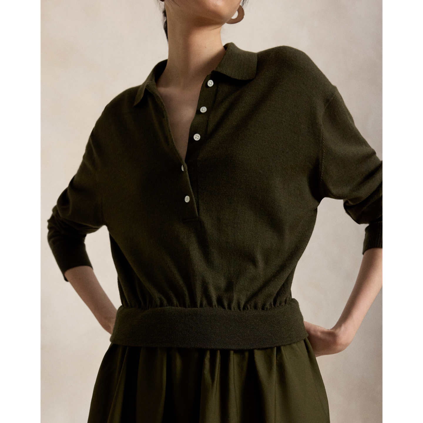 Женское платье Ralph Lauren Hybrid Knit Polo-Bodice, цвет: Оливковый меланжевый — фото 3