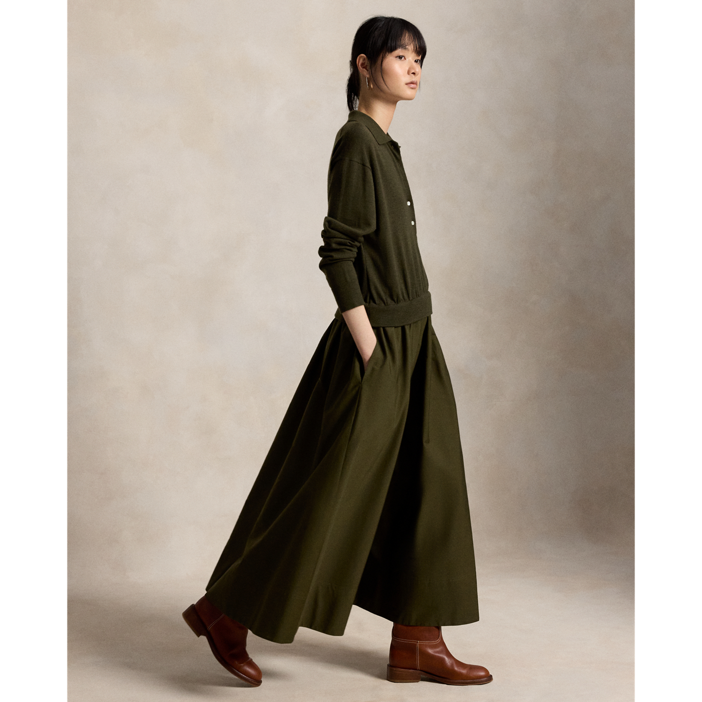 Женское платье Ralph Lauren Hybrid Knit Polo-Bodice, цвет: Оливковый меланжевый — фото 4
