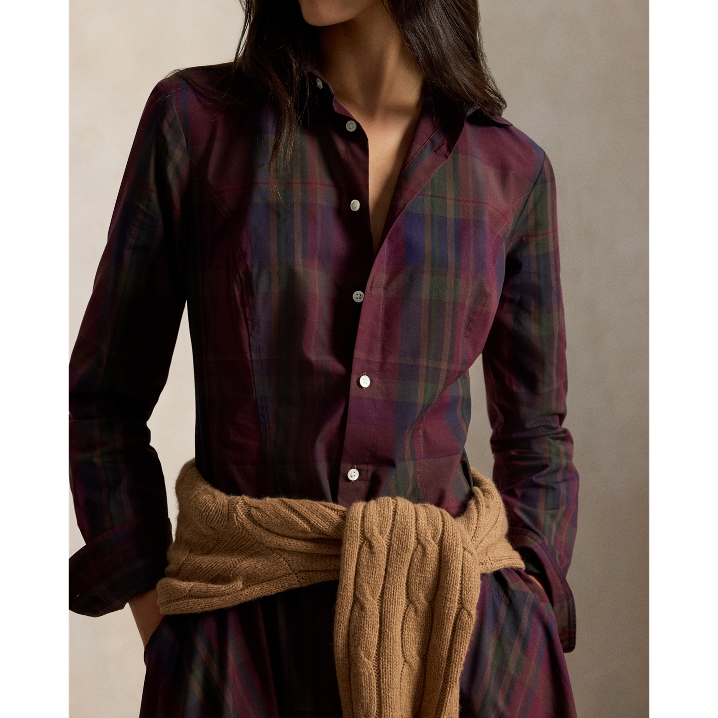 Женское платье Ralph Lauren Plaid Cotton-Blend Paneled Shirtdress, цвет: Мерло зелёный разноцветный — фото 3