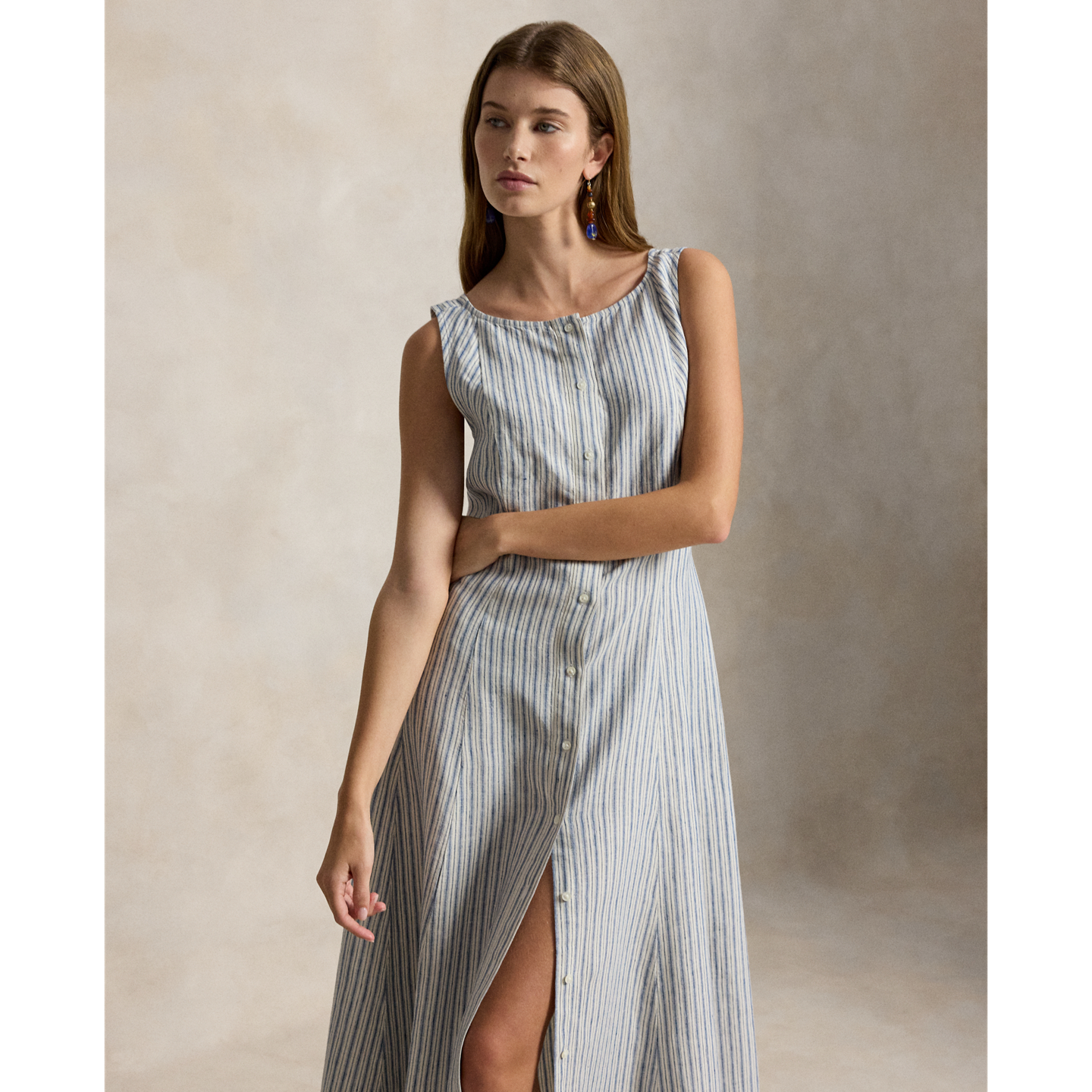 Женское платье Ralph Lauren Striped Paneled Linen, цвет: Синий — фото 1