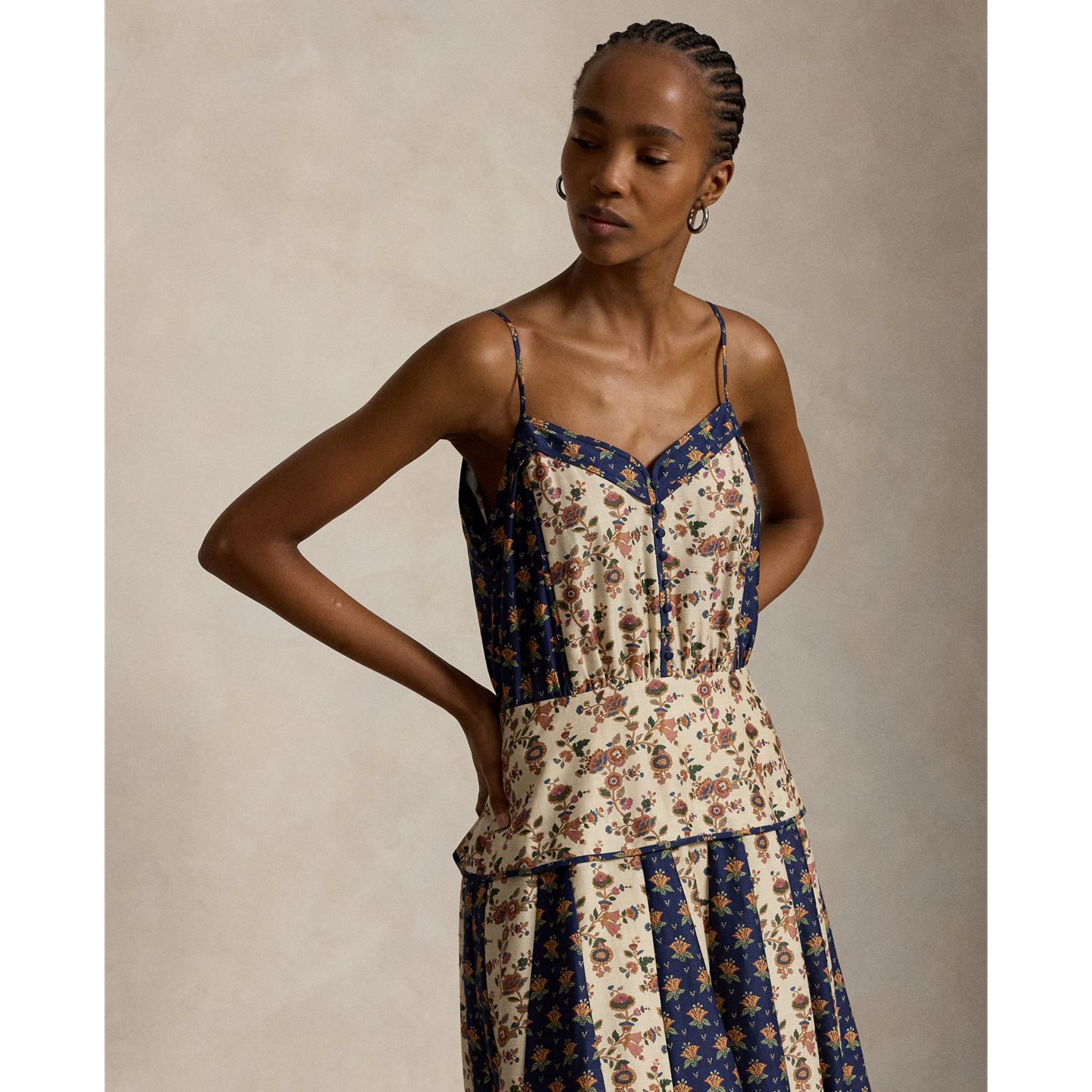 Женское платье Ralph Lauren Sleeveless Mixed-Print Paneled, цвет: С принтом кремовый — фото 1