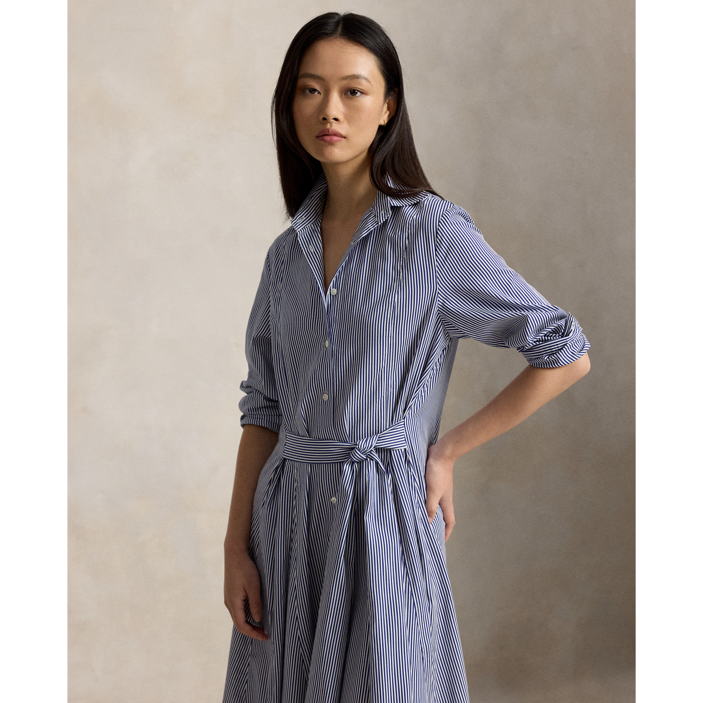 Женское платье Ralph Lauren Striped Cotton Tie-Waist Shirtdress, цвет: Белый / Королевский синий — фото 1