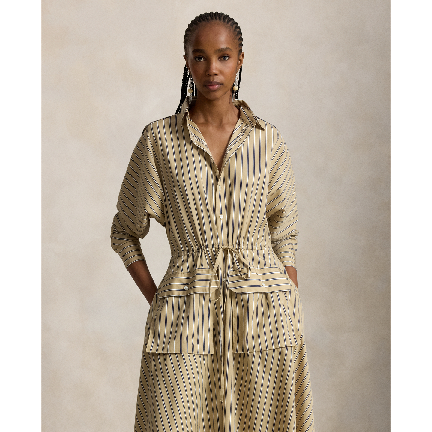 Женское платье Ralph Lauren Striped Cotton Canvas Utility Shirtdress, цвет: Рыжевато-коричневый королевский синий разноцветный — фото 1