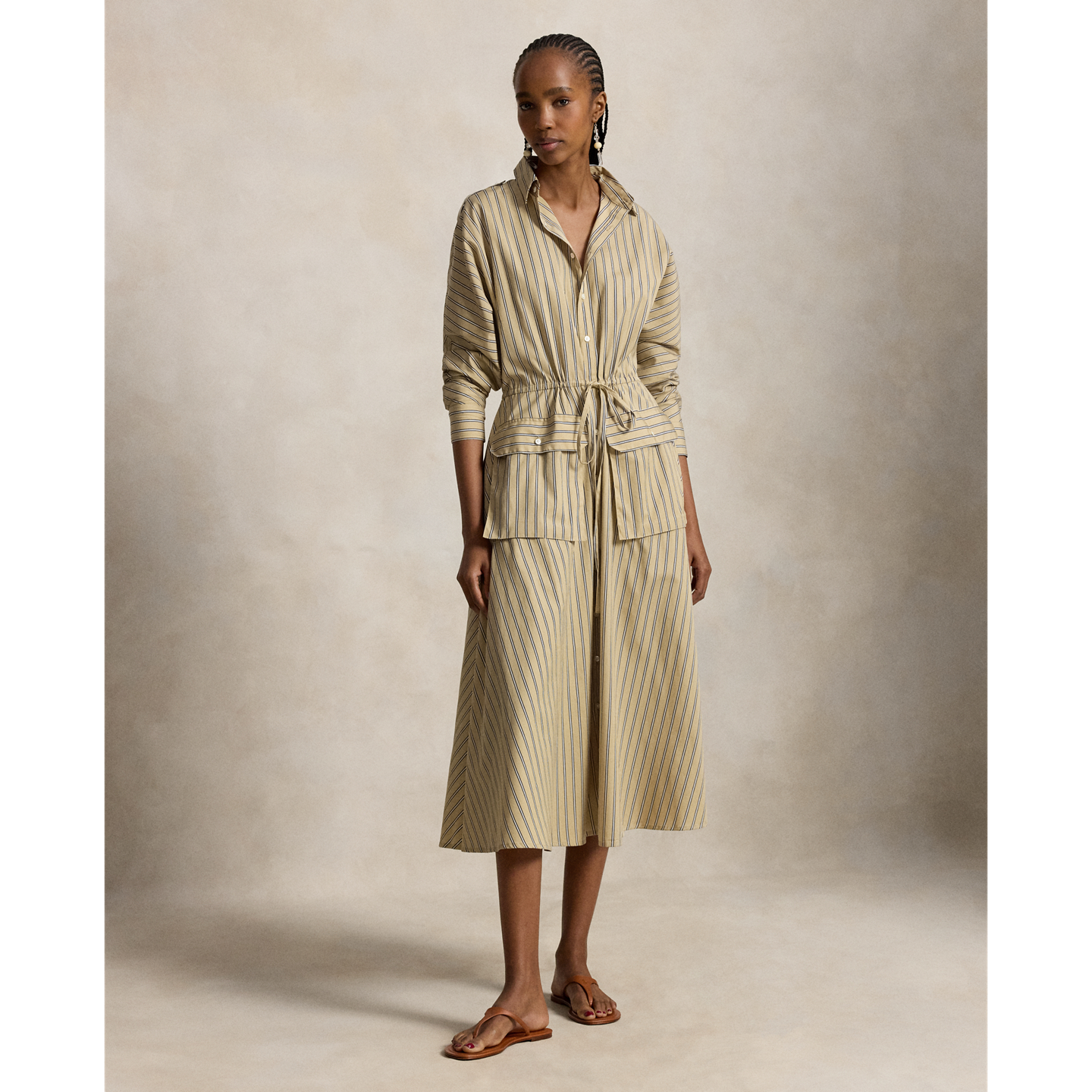 Женское платье Ralph Lauren Striped Cotton Canvas Utility Shirtdress, цвет: Рыжевато-коричневый королевский синий разноцветный — фото 4