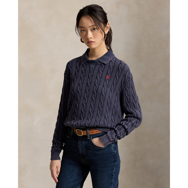 Cable-Knit Cotton Polo Collar Jumper