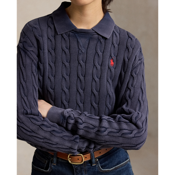 Cable-Knit Cotton Polo Collar Jumper