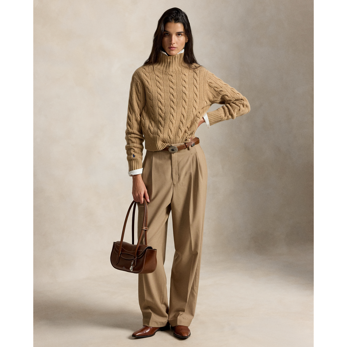Женская водолазка Ralph Lauren из шерсти и кашемира, вязка косами, цвет: Верблюжий меланжевый — фото 1