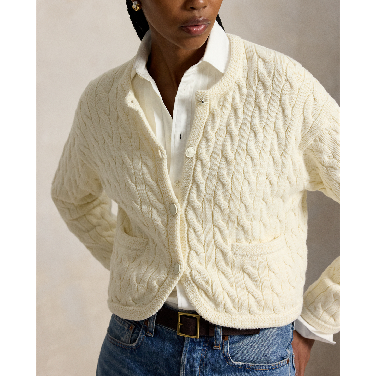 Кардиган Ralph Lauren Cable-Knit Cotton-Blend, цвет: Кремовый — фото 3