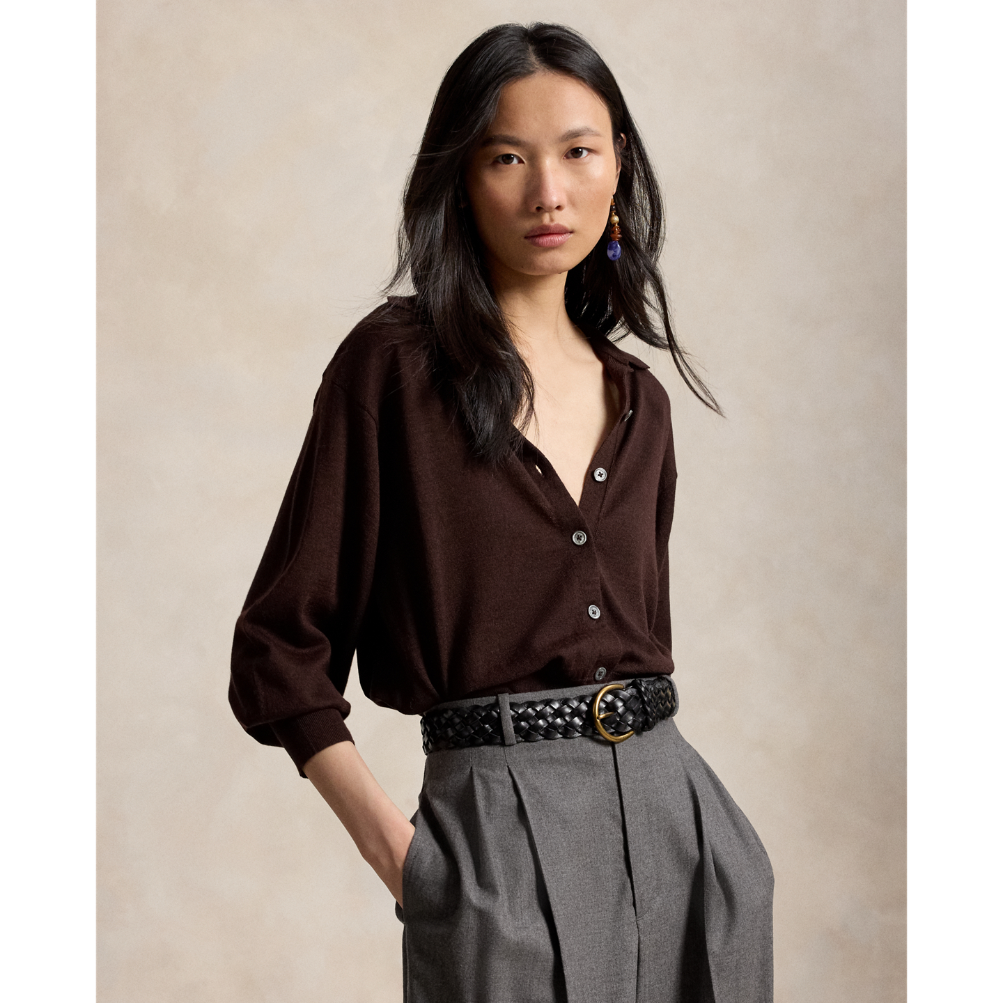 Женский кардиган Ralph Lauren Polo-Collar Wool Blouson, цвет: Шоколадный меланжевый — фото 5