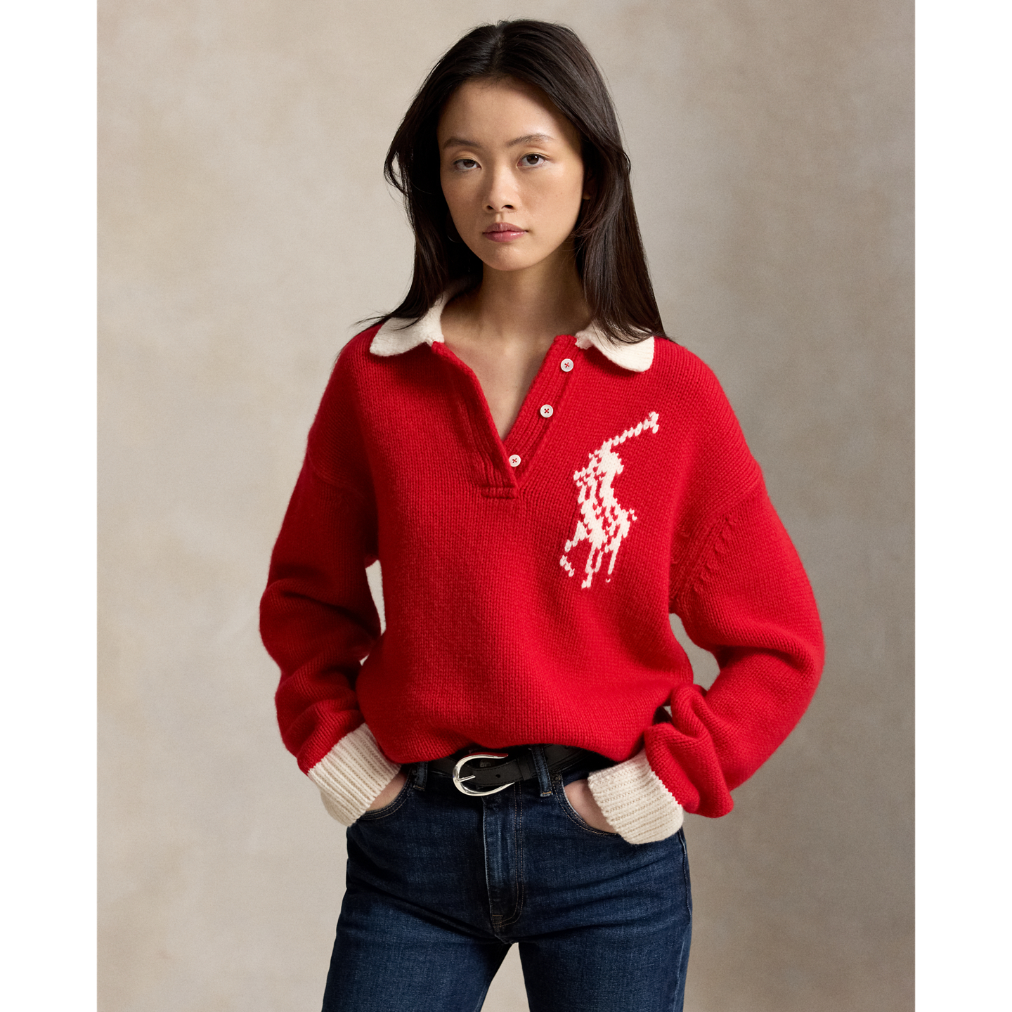 Женский свитер Ralph Lauren Big Pony Wool Rugby, цвет: Красный / Кремовый — фото 4