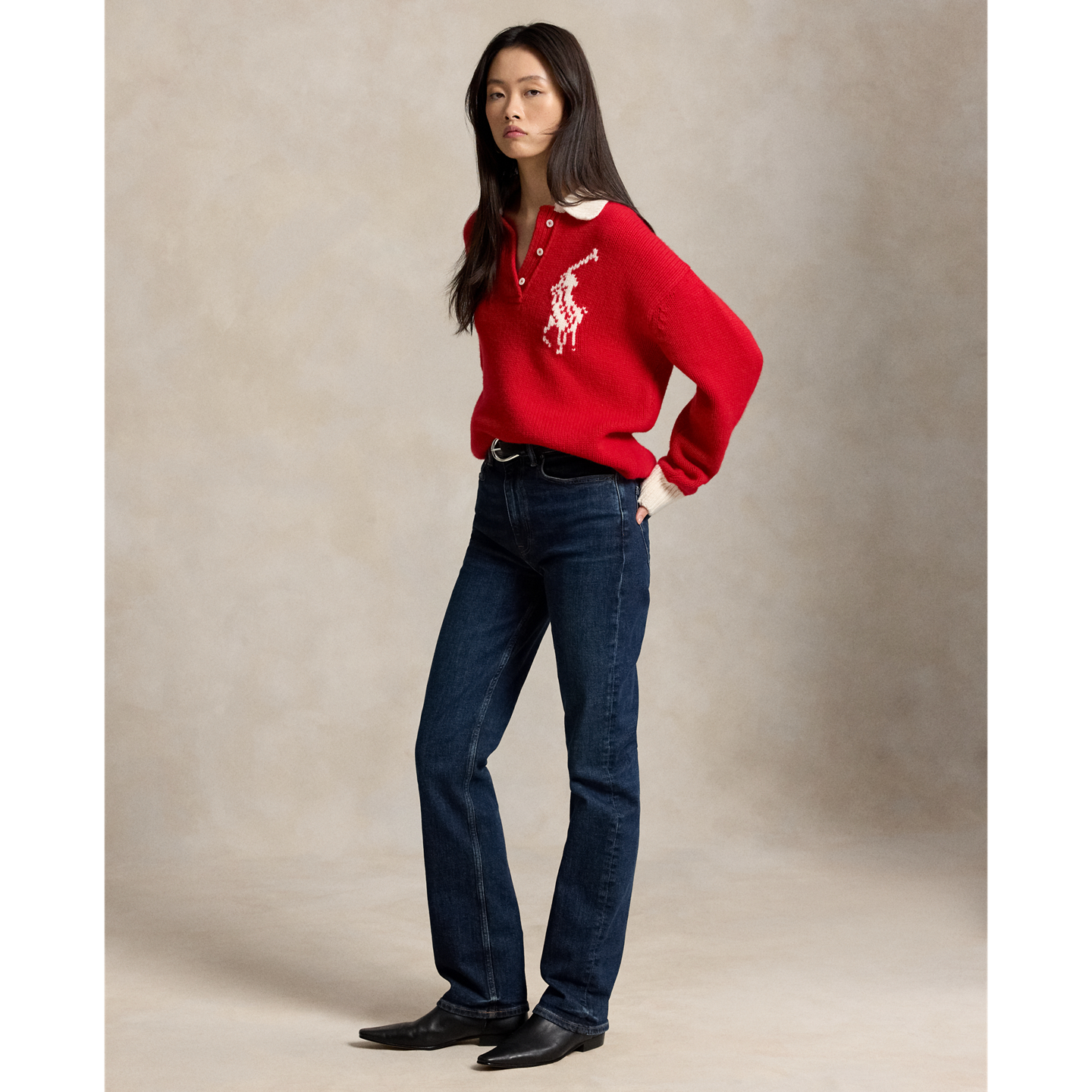 Женский свитер Ralph Lauren Big Pony Wool Rugby, цвет: Красный / Кремовый — фото 1