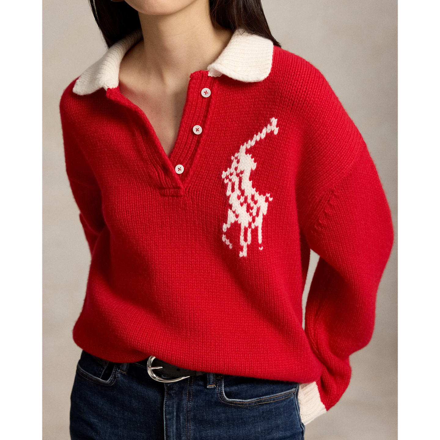 Женский свитер Ralph Lauren Big Pony Wool Rugby, цвет: Красный / Кремовый — фото 3