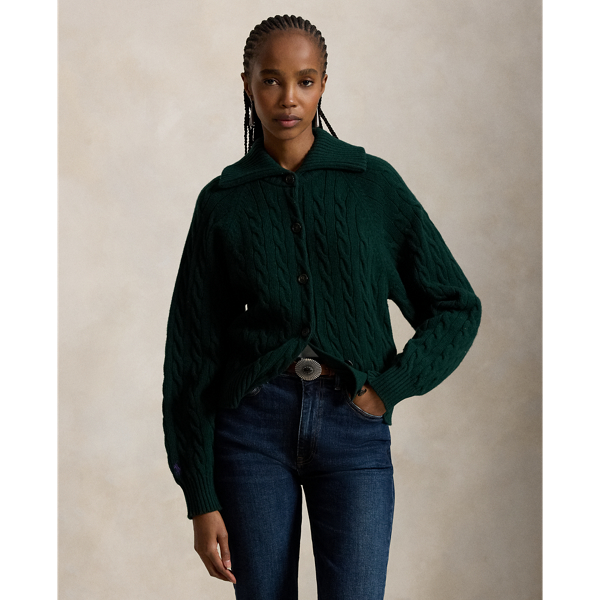Casaco de l&atilde; e caxemira malha tran&ccedil;ada Polo Ralph Lauren em Verde College 1