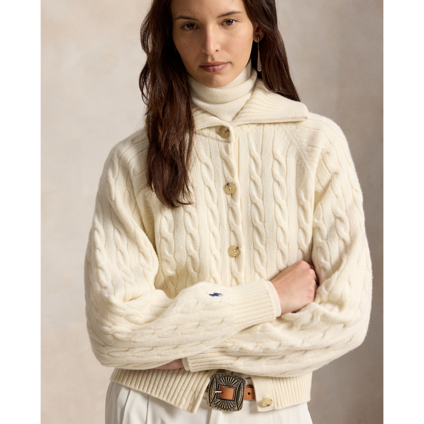 Женский кардиган Ralph Lauren Cable Wool-Cashmere Collared, цвет: Кремовый — фото 3