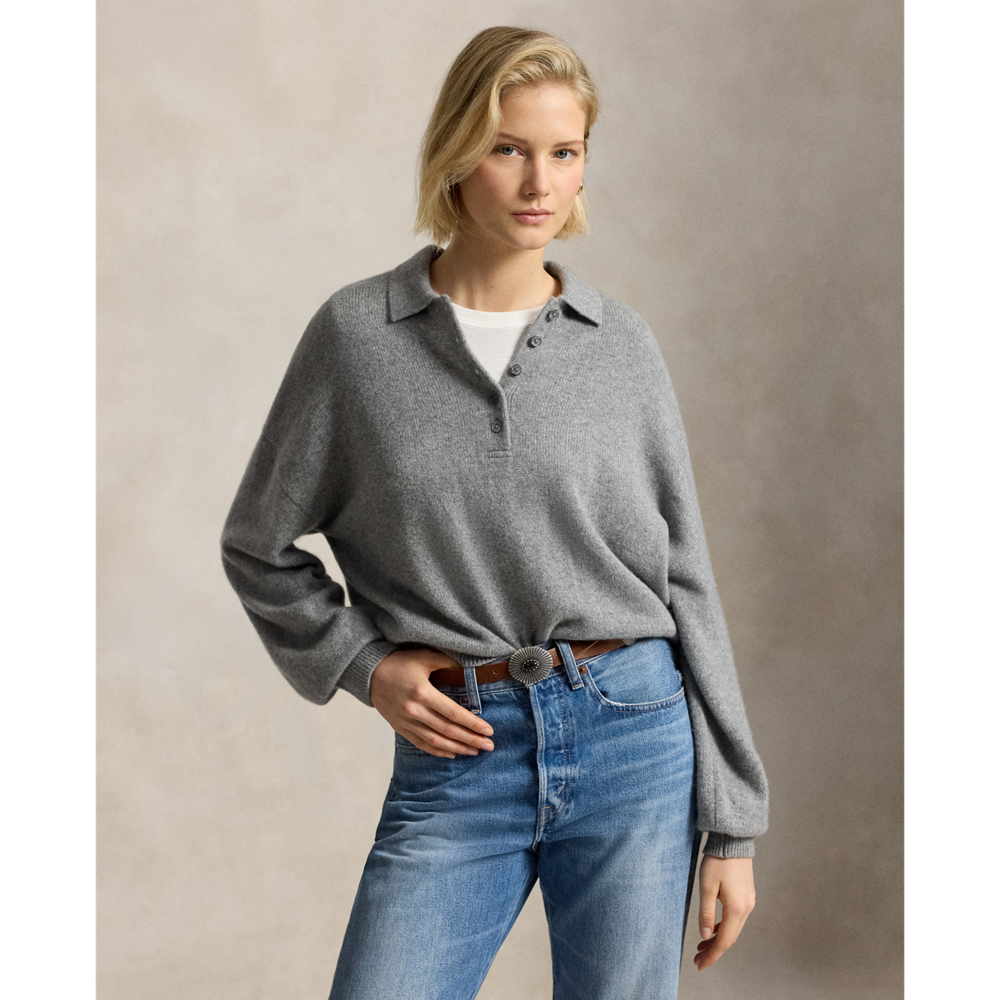 Женский свитер Ralph Lauren Polo-Collar Cashmere, цвет: Серый меланжевый — фото 4