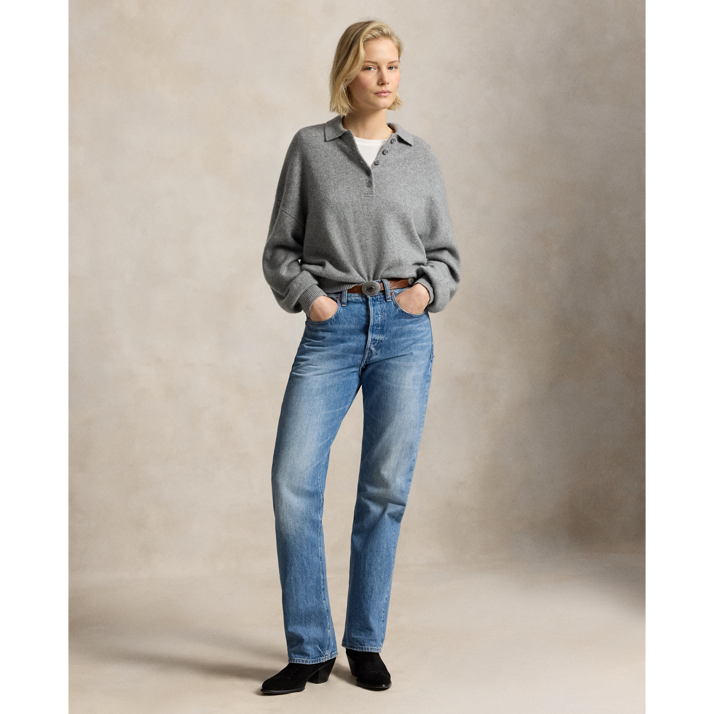 Женский свитер Ralph Lauren Polo-Collar Cashmere, цвет: Серый меланжевый — фото 1