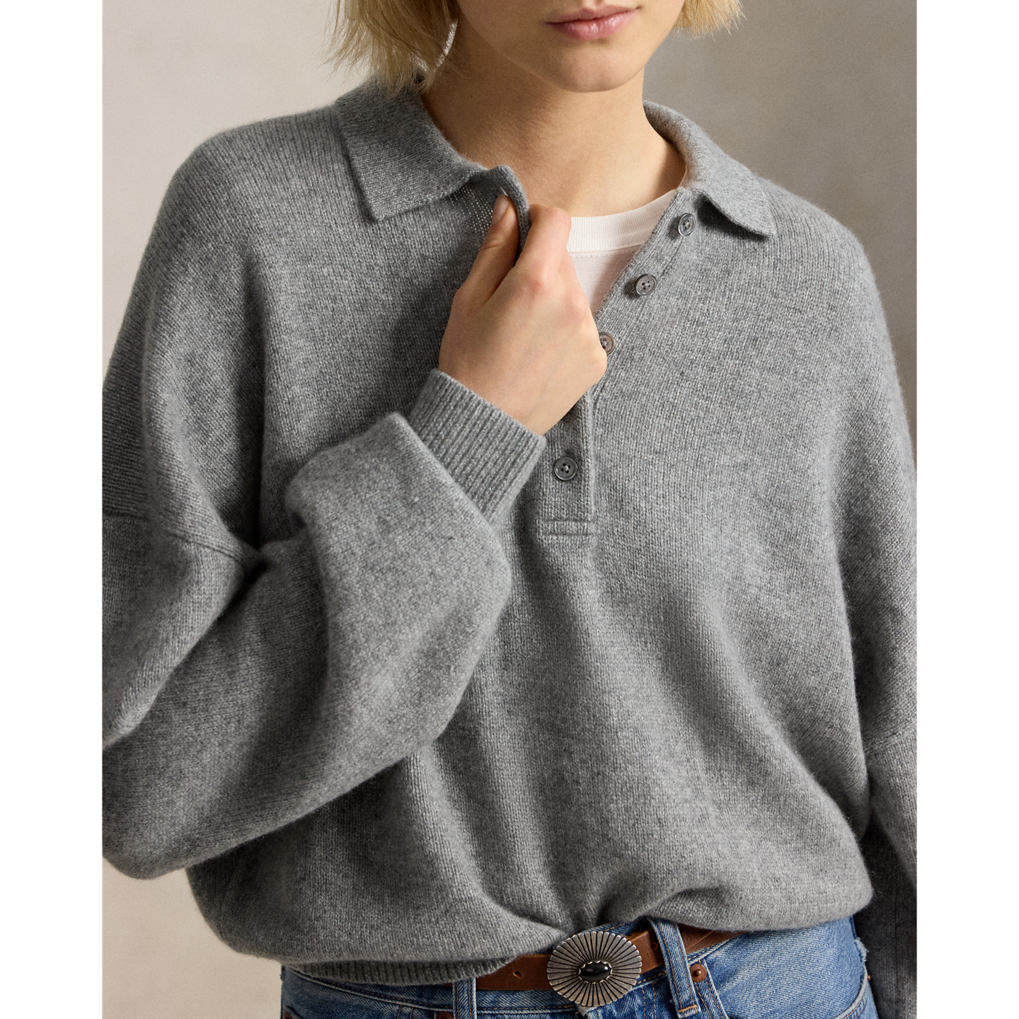 Женский свитер Ralph Lauren Polo-Collar Cashmere, цвет: Серый меланжевый — фото 3