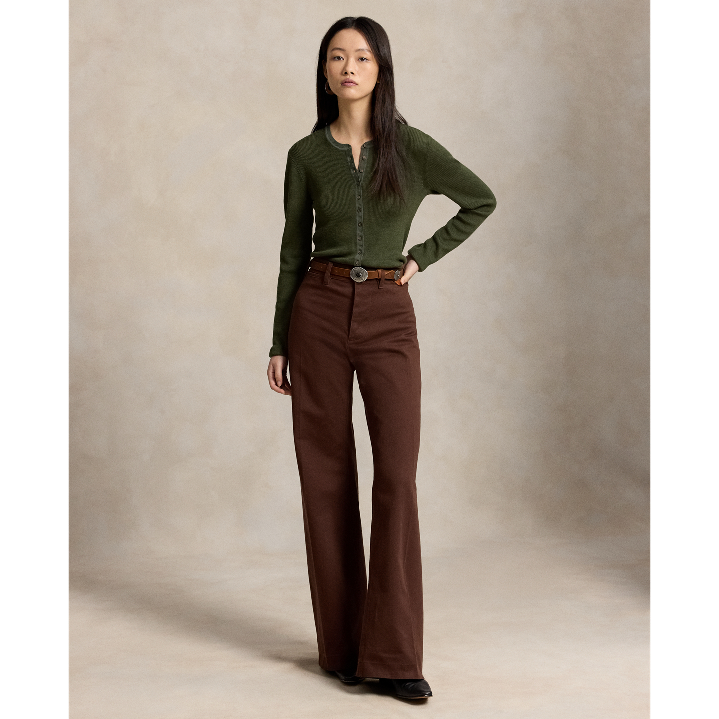 Женский кардиган Ralph Lauren Rib-Knit Wool, цвет: Оливковый меланжевый — фото 1
