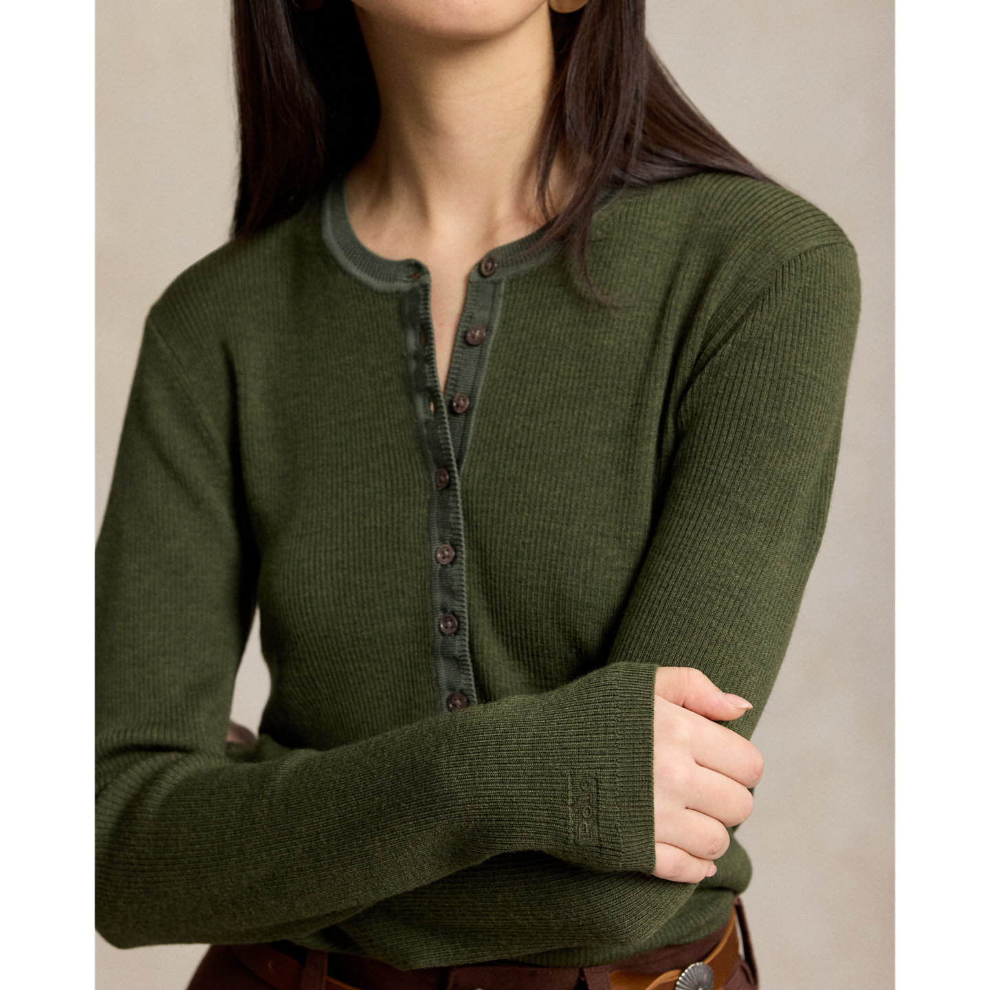 Женский кардиган Ralph Lauren Rib-Knit Wool, цвет: Оливковый меланжевый — фото 3