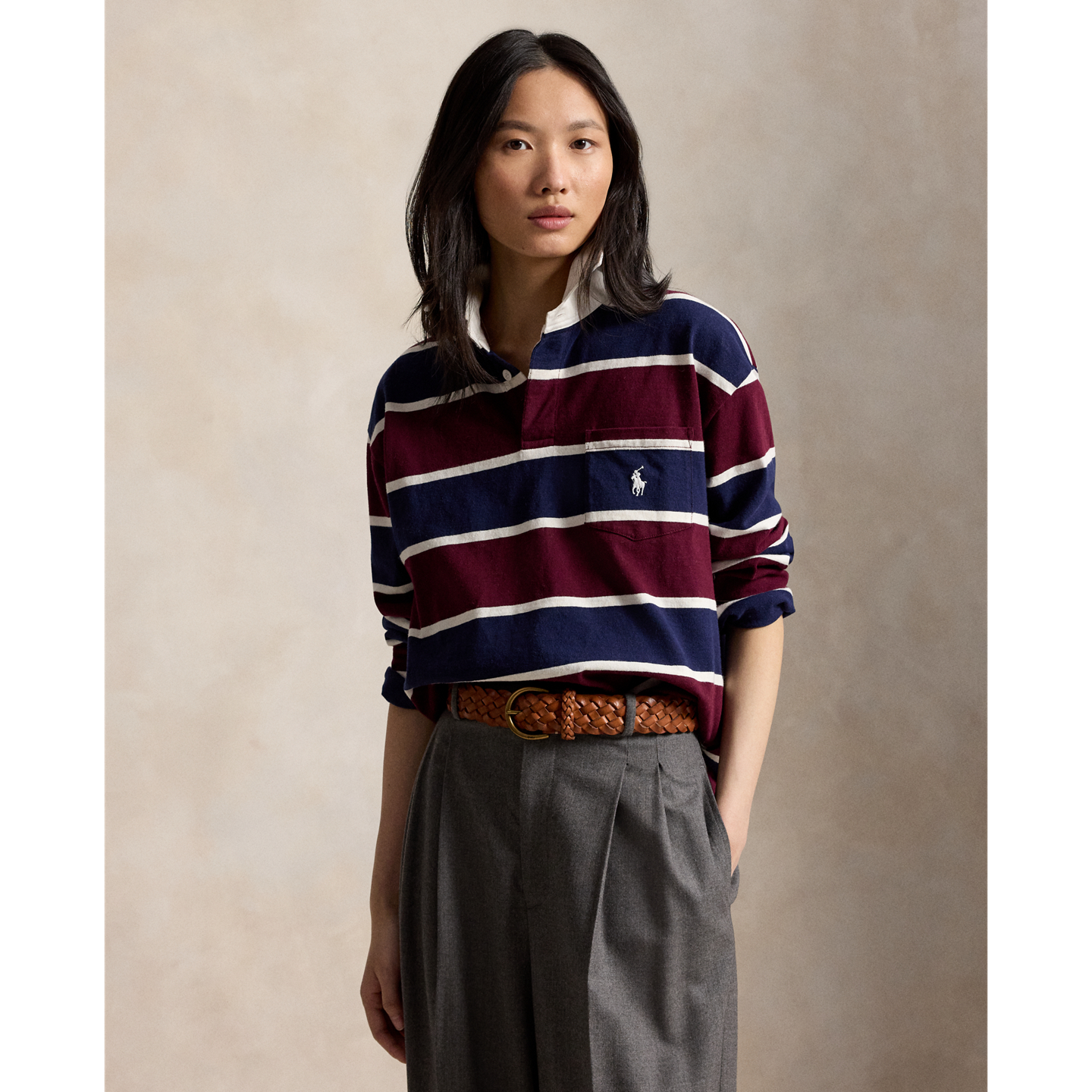 Женская рубашка Ralph Lauren Oversize Cotton Rugby, цвет: Винный разноцветный — фото 5