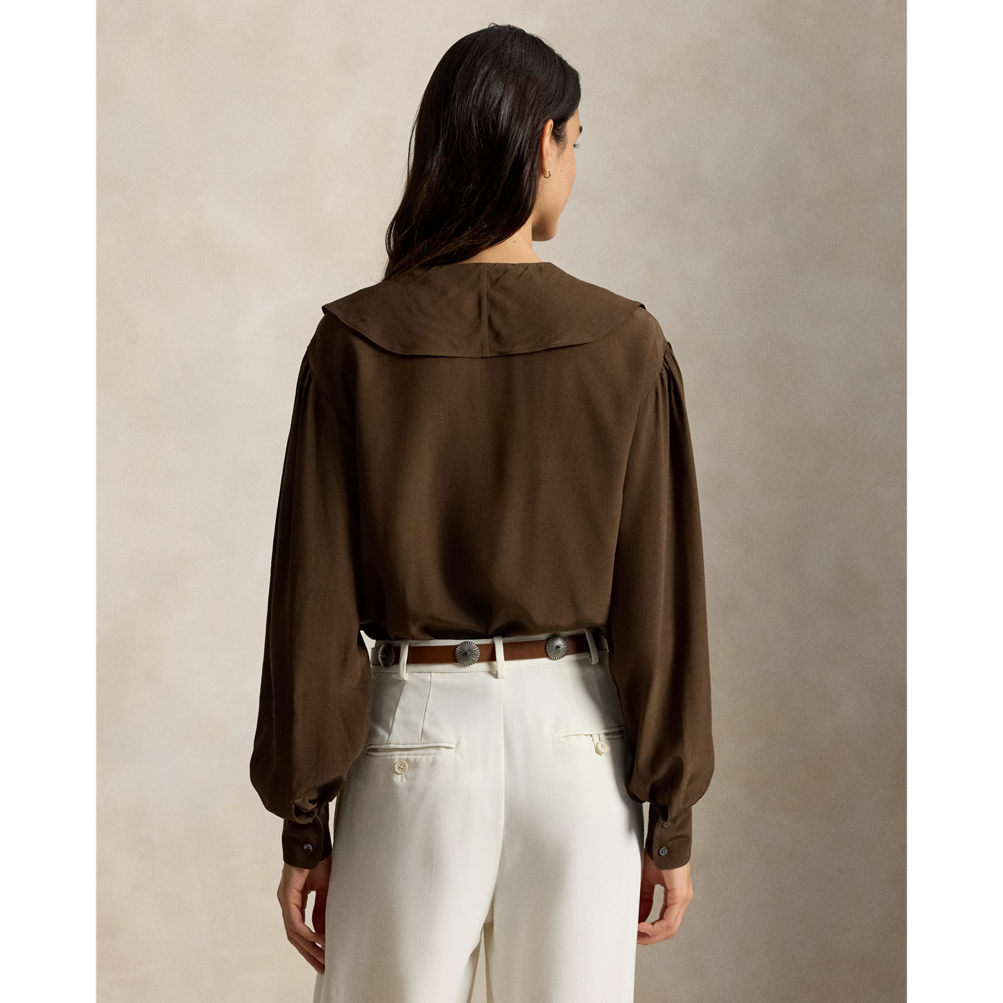 Женская рубашка Ralph Lauren Ruffled Crepe, цвет: Тёмный коричневый — фото 2