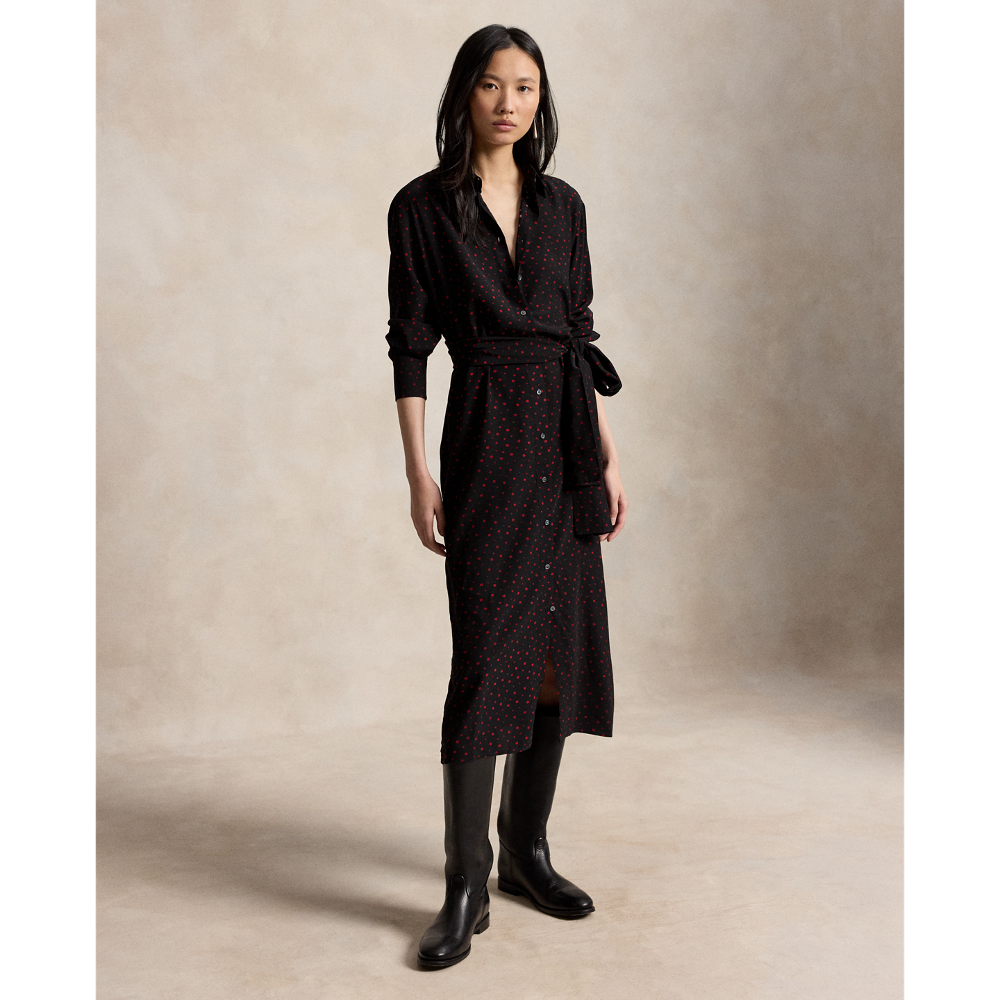 Женское платье Ralph Lauren Printed Crepe Tie-Waist Shirtdress, цвет: Разноцветный чёрный красный — фото 5