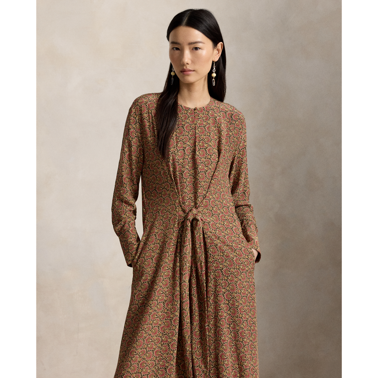 Женское платье Ralph Lauren Floral Tie-Front Crepe, цвет: Коричневый розовый — фото 1