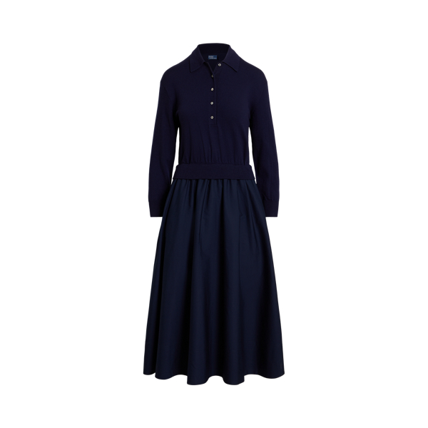 Polo Ralph Lauren 深藍色 異材質拼接針織 Polo 領連身裙 1