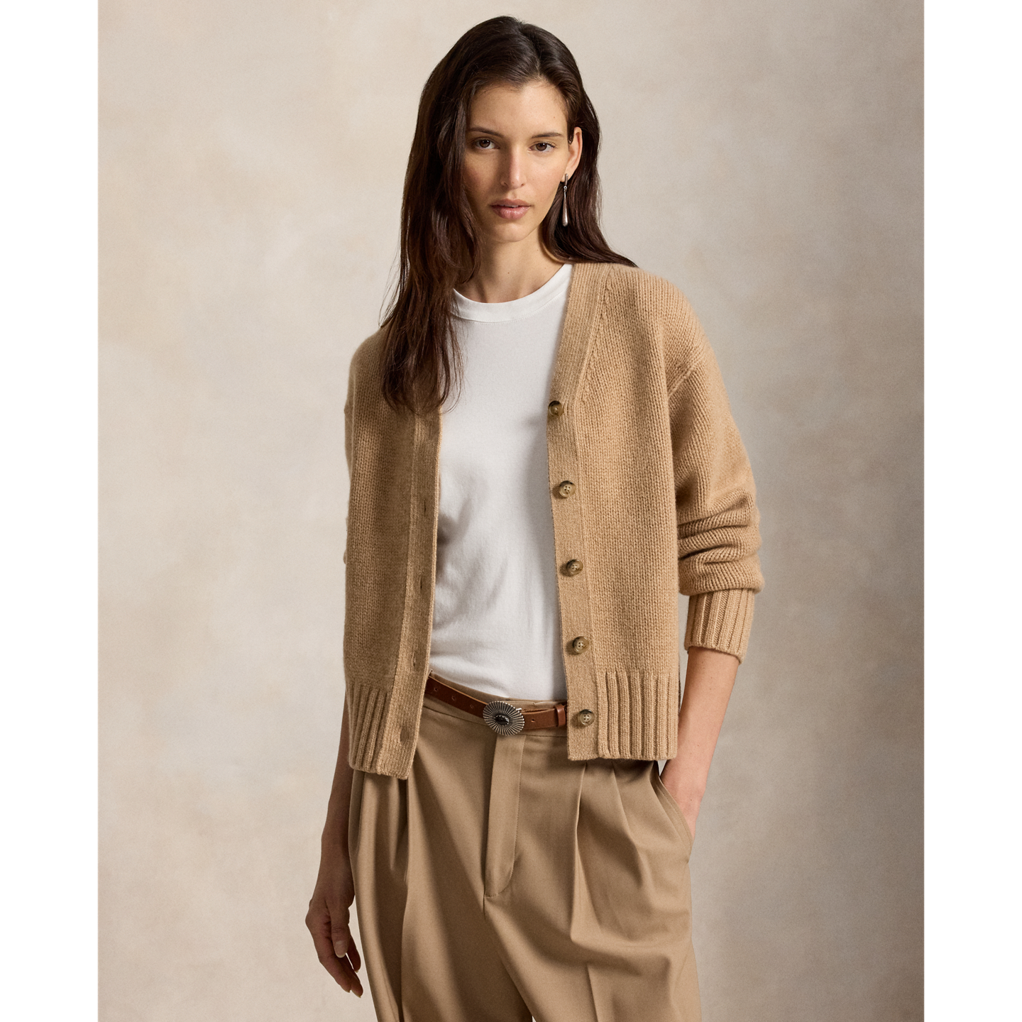 Женский кардиган Ralph Lauren Cashmere V-Neck, цвет: Верблюжий меланжевый — фото 4