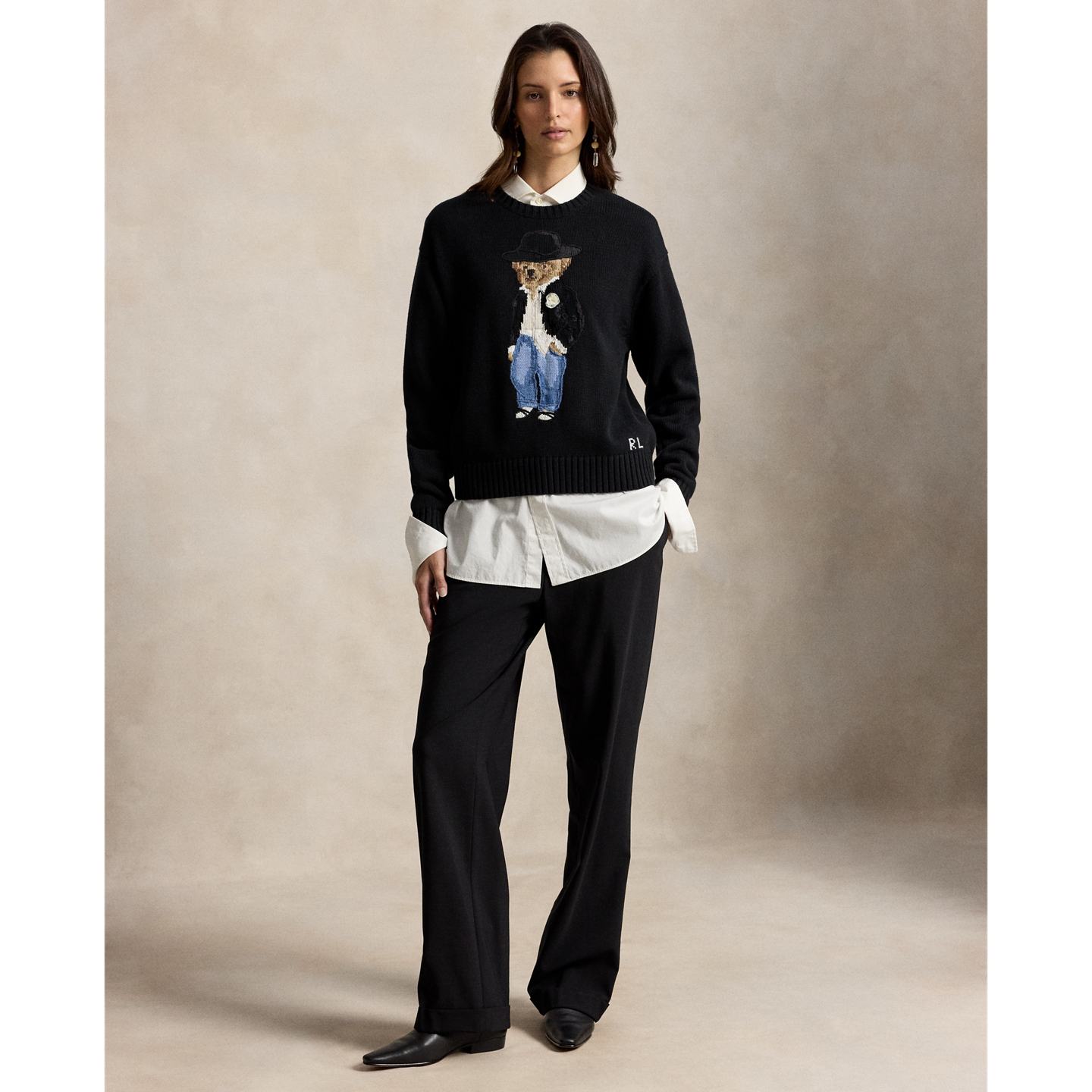 Женский хлопковый свитшот Ralph Lauren Holiday Polo Bear, цвет: Чёрный — фото 1