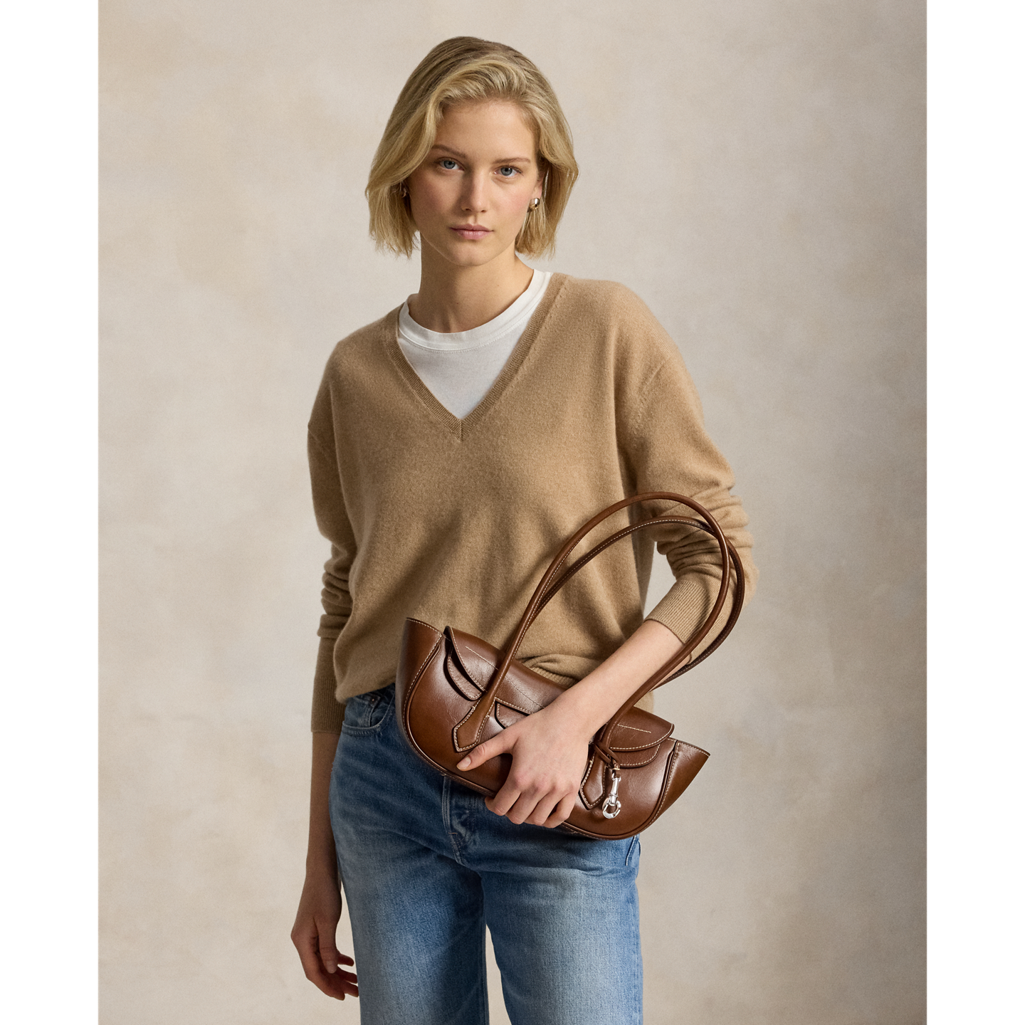 Женский свитер Ralph Lauren Cashmere V-Neck, цвет: Верблюжий меланжевый — фото 4