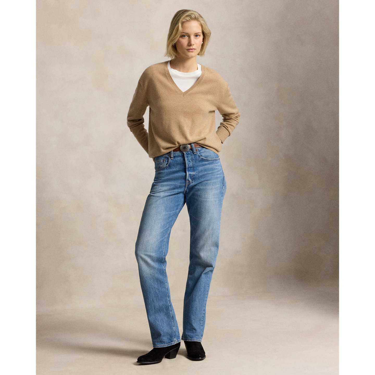 Женский свитер Ralph Lauren Cashmere V-Neck, цвет: Верблюжий меланжевый — фото 1