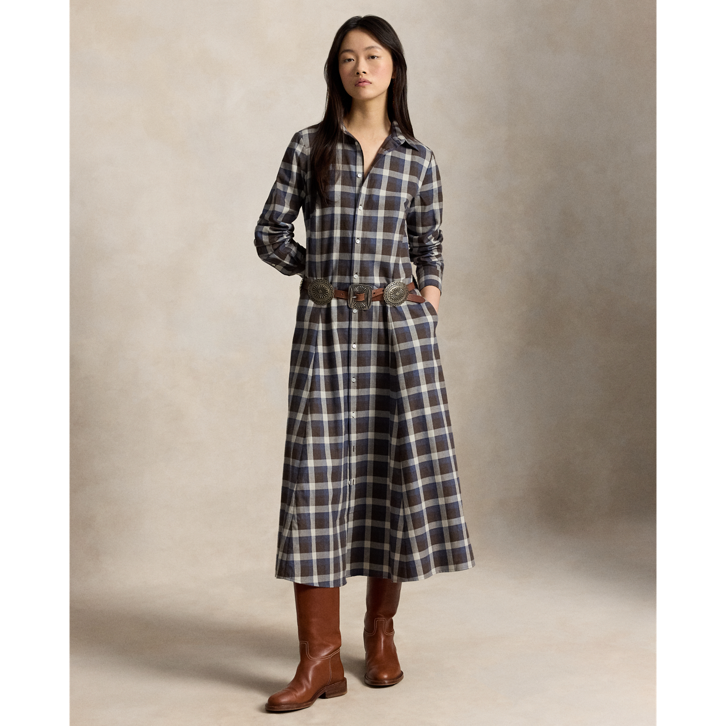 Женское платье Ralph Lauren Plaid Cotton Twill Shirtdress, цвет: Коричневый / Синий разноцветный — фото 4