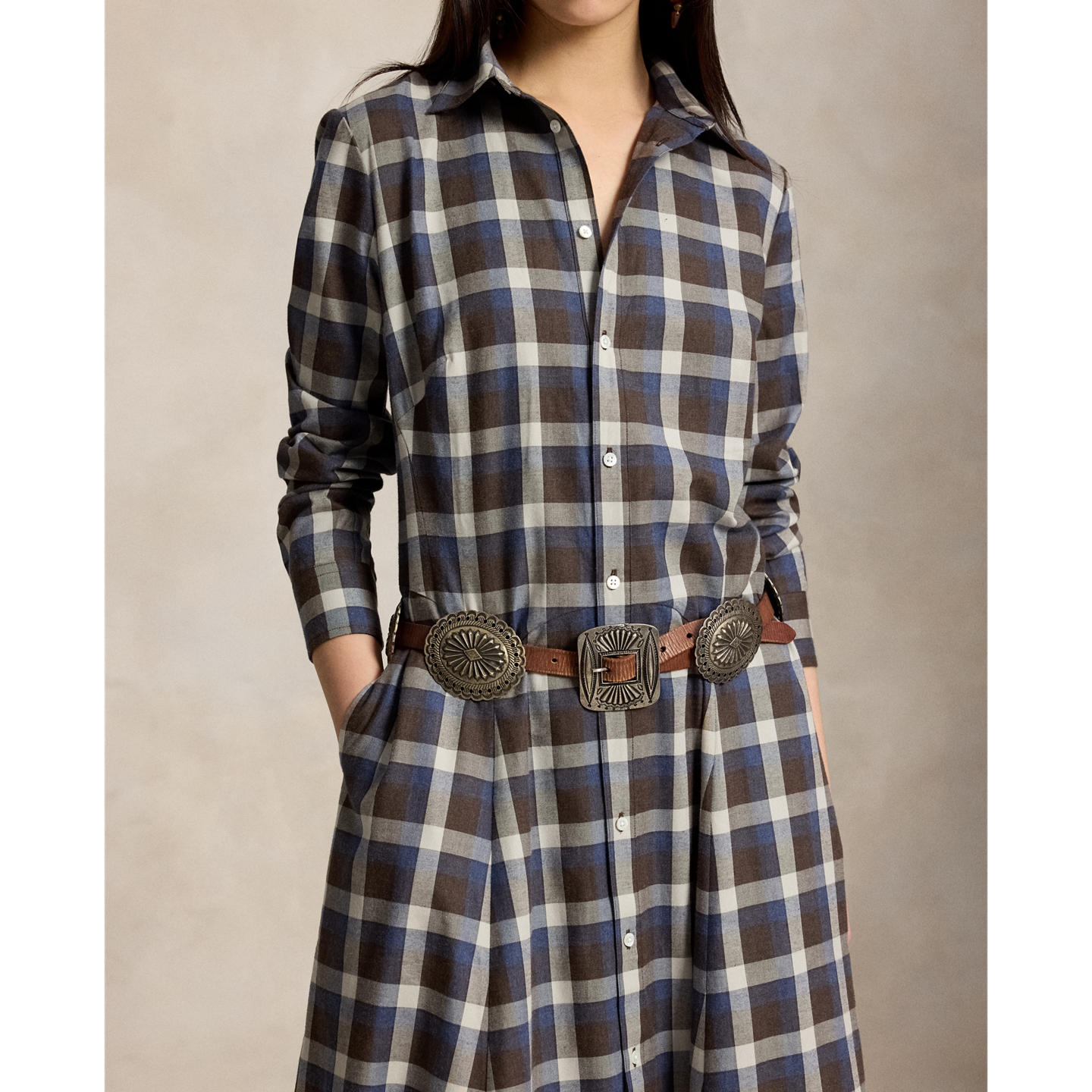 Женское платье Ralph Lauren Plaid Cotton Twill Shirtdress, цвет: Коричневый / Синий разноцветный — фото 3