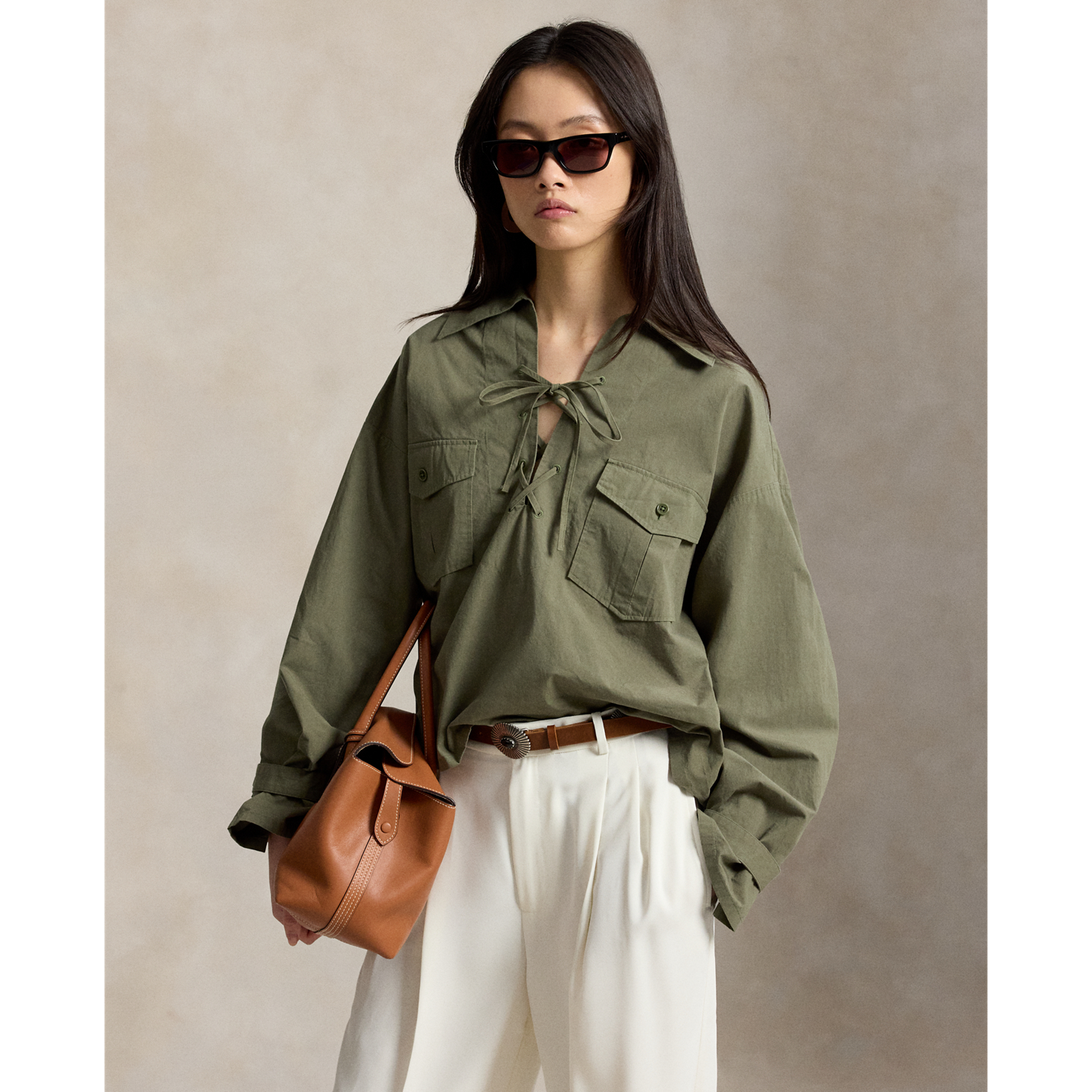 Женская рубашка Ralph Lauren Lace-Up Cotton, цвет: Оливковый — фото 5