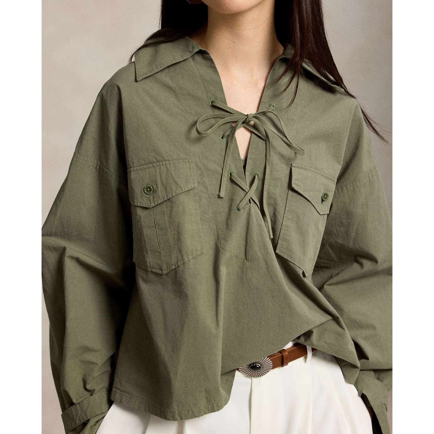 Женская рубашка Ralph Lauren Lace-Up Cotton, цвет: Оливковый — фото 3