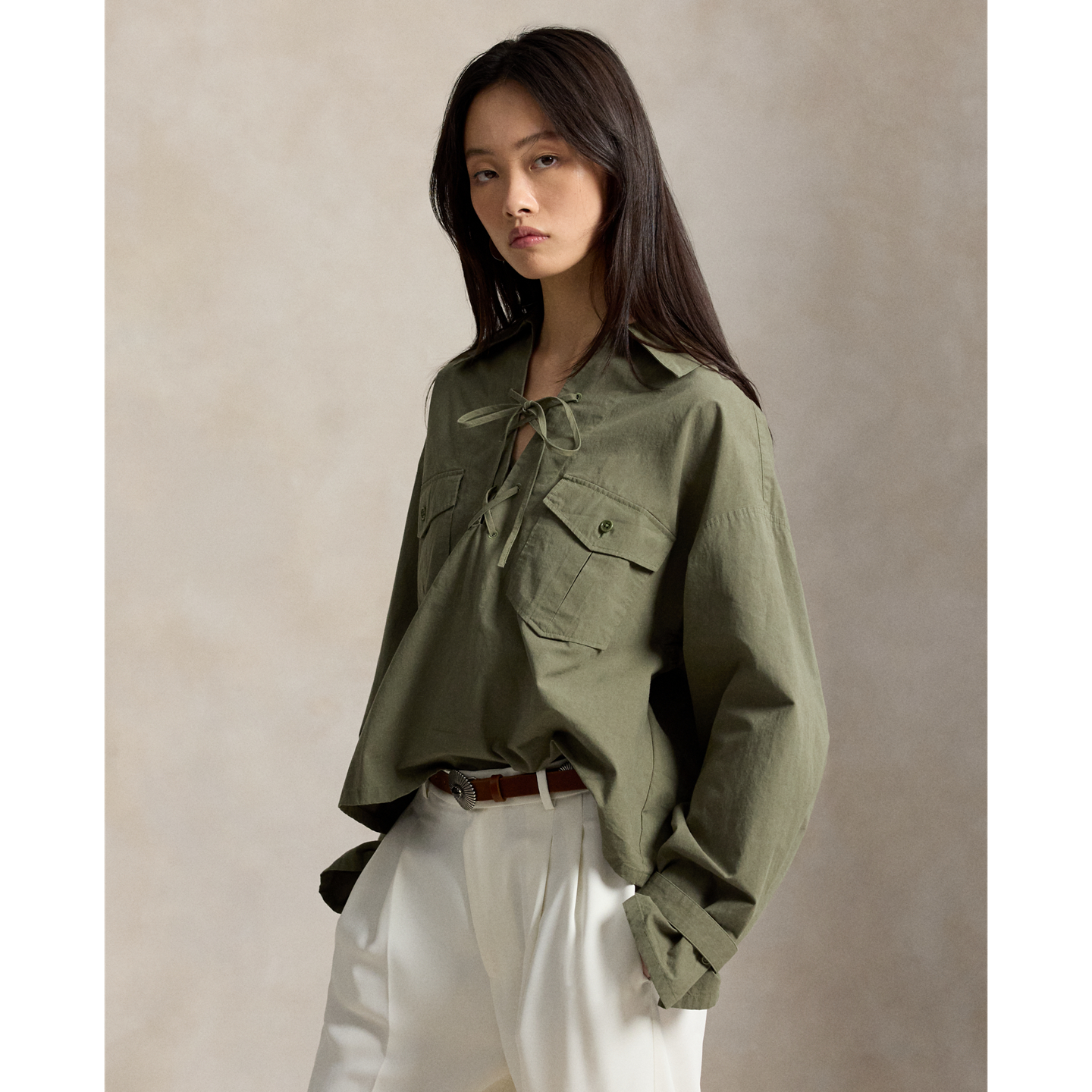 Женская рубашка Ralph Lauren Lace-Up Cotton, цвет: Оливковый — фото 4