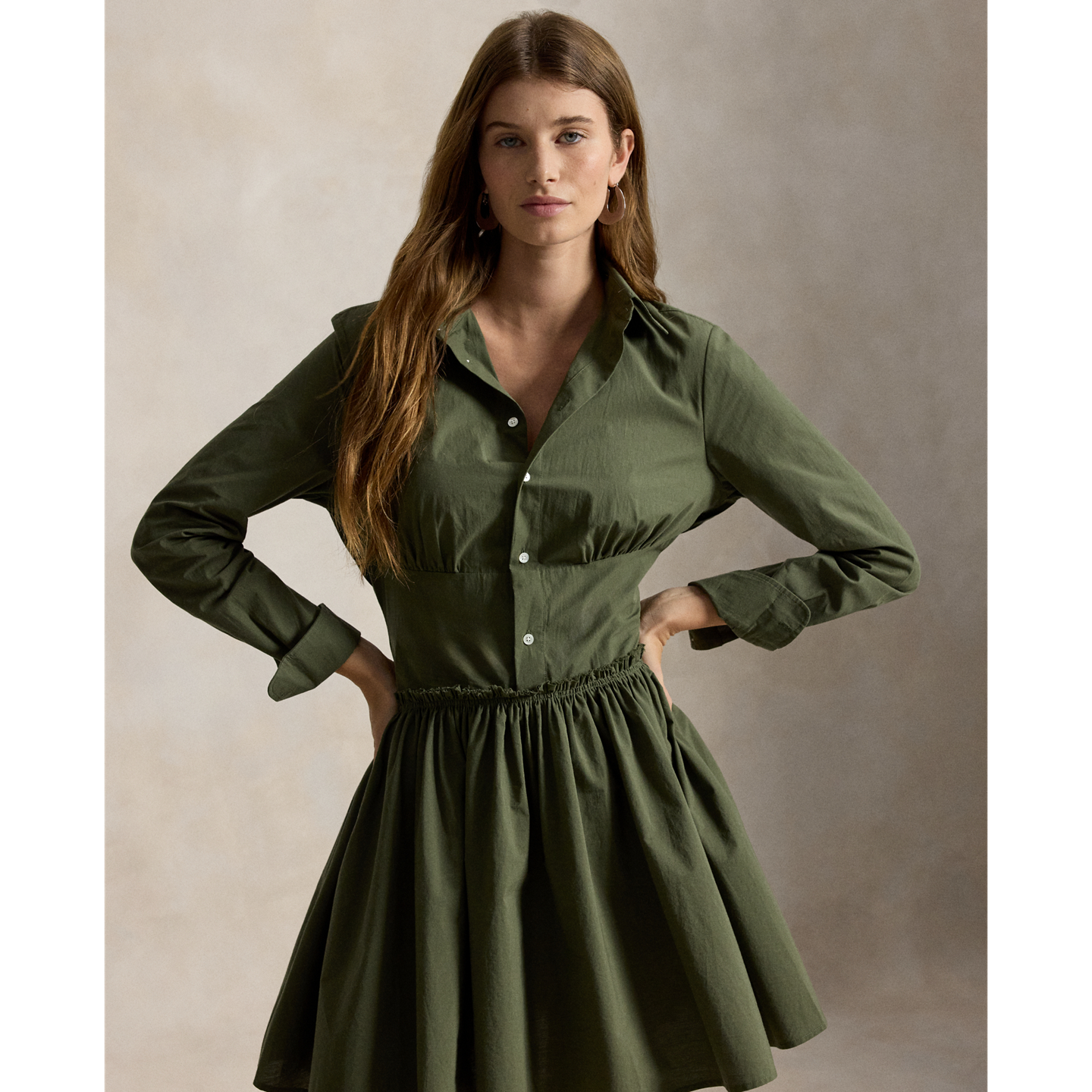 Женское платье Ralph Lauren Paneled Cotton Canvas Mini Shirtdress, цвет: Оливковый — фото 1