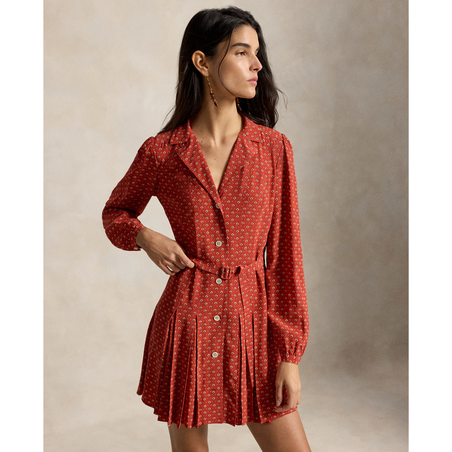 Женское платье Ralph Lauren Silk Mini Shirtdress, цвет: Красный / Кремовый разноцветный — фото 1