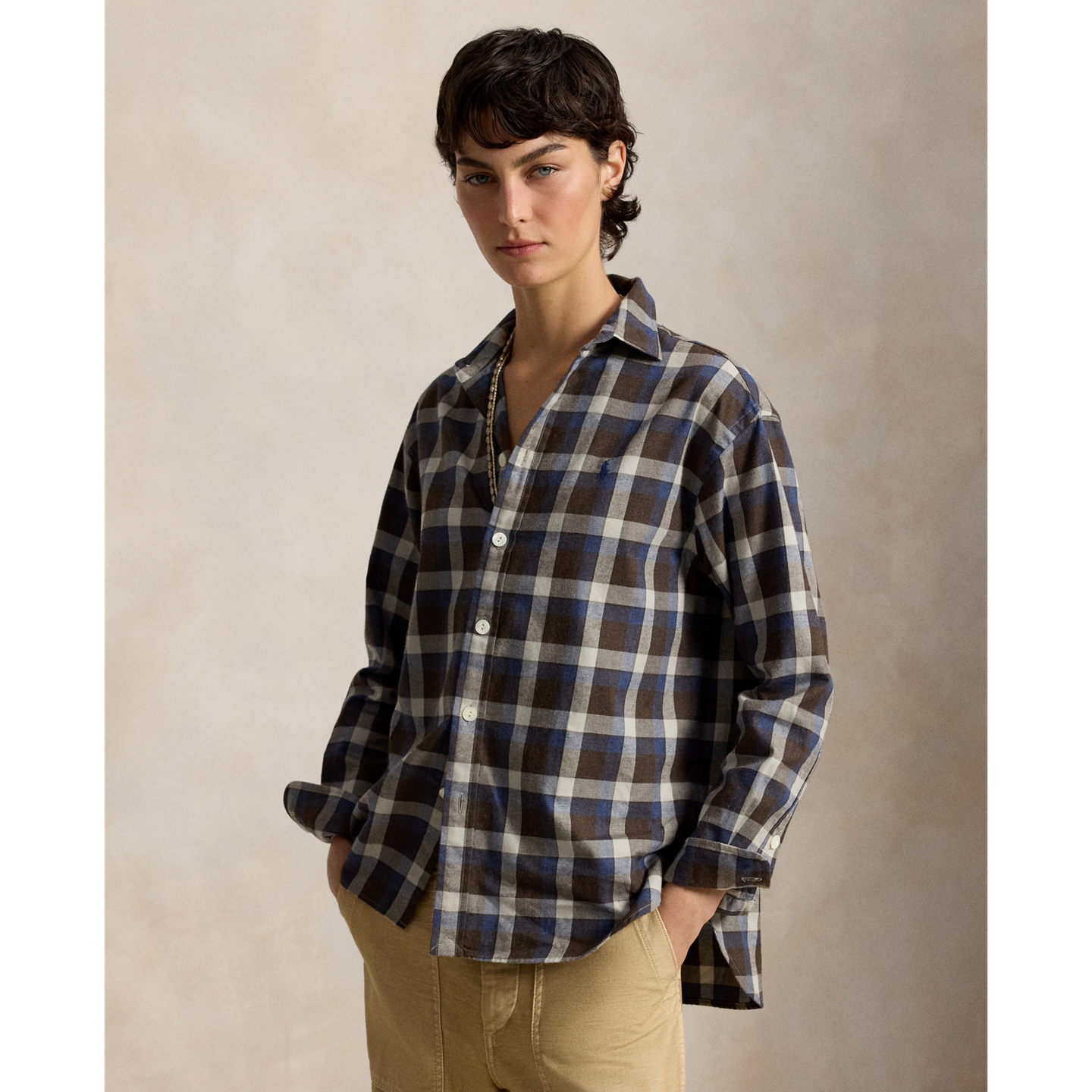 Женская рубашка Polo Ralph Lauren Relaxed Fit Plaid Cotton Twill, цвет: Коричневый синий разноцветный — фото 4