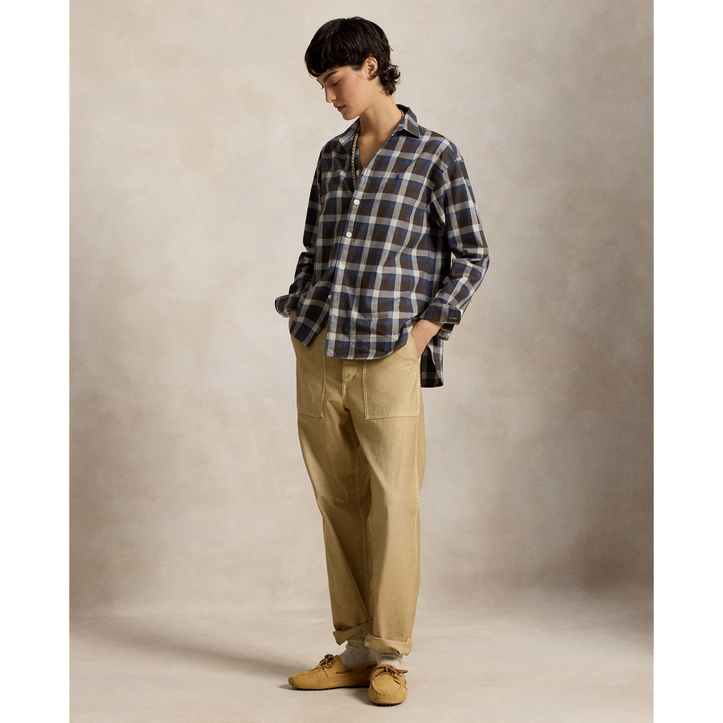 Женская рубашка Polo Ralph Lauren Relaxed Fit Plaid Cotton Twill, цвет: Коричневый синий разноцветный — фото 1