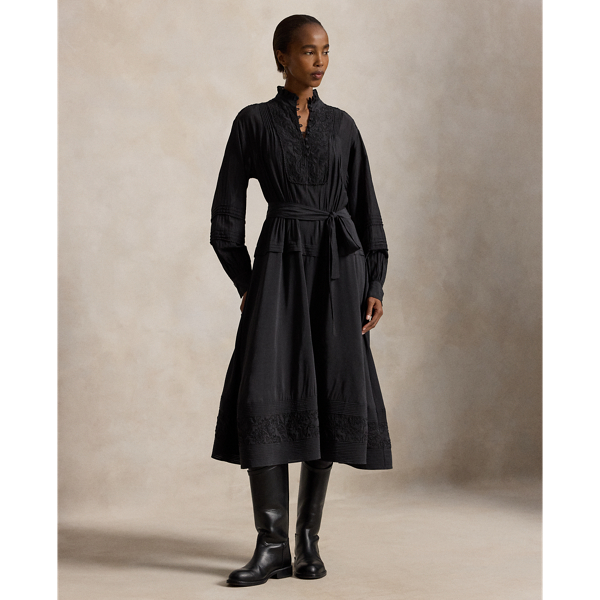 Embroidered Bib-Front Voile Dress