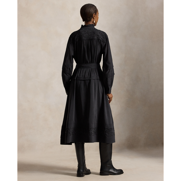 Embroidered Bib-Front Voile Dress