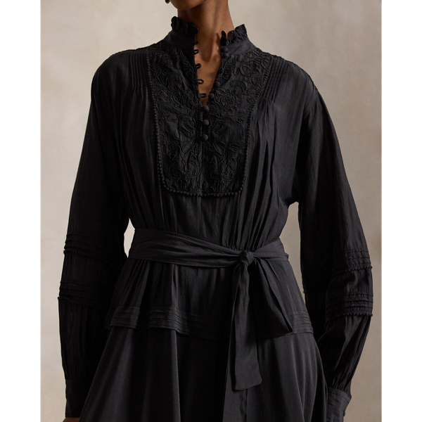 Embroidered Bib-Front Voile Dress