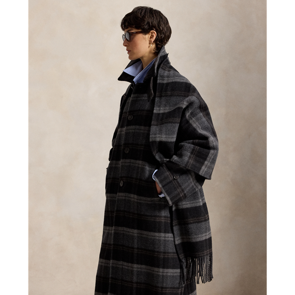 Plaid Wool Scarf-Collar Coat