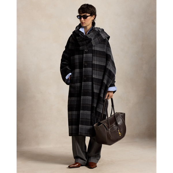 Plaid Wool Scarf-Collar Coat