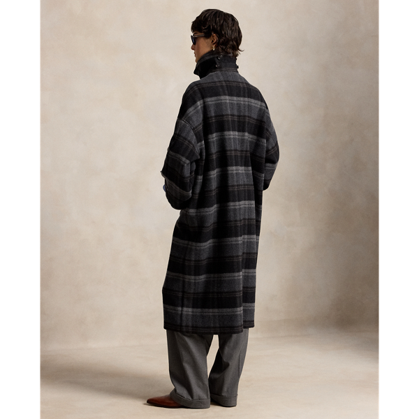 Plaid Wool Scarf-Collar Coat