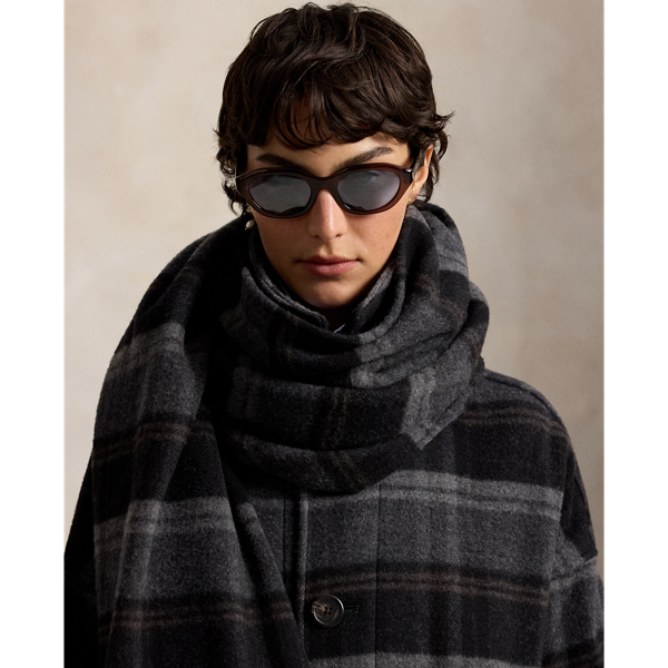 Plaid Wool Scarf-Collar Coat