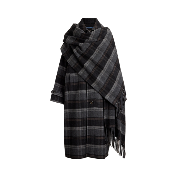 Plaid Wool Scarf-Collar Coat